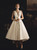 [Kemedress] Beige satin hi-lo short wedding dress front view, elegant V-neck bridal gown.