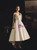 [Kemedress] Flowing hi-lo satin skirt of backless short wedding dress for outdoor ceremony.