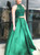 A-Line Green Satin Two Piece Halter Long Prom Dress
