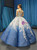 Blue White Ball Gown 3D Flower Cap Sleeve Haute Couture Prom Dress