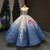Blue White Ball Gown 3D Flower Cap Sleeve Haute Couture Prom Dress