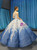 Blue White Ball Gown 3D Flower Cap Sleeve Haute Couture Prom Dress