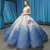 Blue White Ball Gown 3D Flower Cap Sleeve Haute Couture Prom Dress