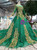 Green Ball Gown Sequins Bateau Long Sleeve Gold Appliques Wedding Dress