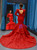 Red Mermaid Lace High Neck Long Sleeve Backless Haute Couture Prom Dress