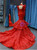 Red Mermaid Lace High Neck Long Sleeve Backless Haute Couture Prom Dress