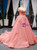 Pink Ball Gown Tulle Off the Shoulder Appliques Prom Dress With Train