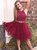 High Neckline Two Piece Burgundy Lace Short Homecoming Dresses with Beading