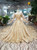 Champagne Gold Sequins Tulle Off the Shoulder Short Sleeve Wedding Dress