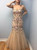 Tulle Champagne Mermaid Prom Dress with Handemade Embroidery Flower