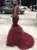 Burgundy Mermaid Halter Neck Appliques Satin Ruffled Prom Dresses