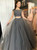 A-Line Gray Tulle Cap Sleeve Two Piece Prom Dress With Beading
