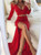Red Mermaid Two Piece Long Sleeve Deep V-neck Prom Dress With Side Split