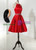 A-Line Red Satin Halter Beaidng Crystal Homecoming Dress With Pocket