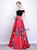 In Stock:Ship in 48 Hours Red Black Satin Print Off the Shoulder Prom Dress