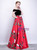 In Stock:Ship in 48 Hours Red Black Satin Print Off the Shoulder Prom Dress