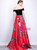 In Stock:Ship in 48 Hours Red Black Satin Print Off the Shoulder Prom Dress