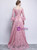 In Stock:Ship in 48 Hours Pink Lace Long Sleeve Off The Shoulder Prom Dress