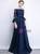 In Stock:Ship in 48 Hours Navy Blue Lace Long Sleeve Off The Shoulder Prom Dress
