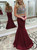 Burgundy Two Piece Crew Backless Prom Dress with Beading