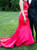 Red Two Piece Mermaid Satin Halter Long Prom Dress With Pocket