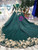 Dark Green Tulle Long Sleeve Gold Lace Appliques Beading Luxury Wedding Dress