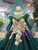 Dark Green Tulle Long Sleeve Gold Lace Appliques Beading Luxury Wedding Dress