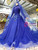 Royal Blue Tulle High neck Long Sleeve Appliques Luxury Wedding Dress With Beading