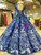 Blue Ball Gown Backless Appliques Long Sleeve Luxury Wedding Dress