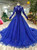 Royal Blue Tulle High Neck Backless Long Sleeve Luxury Wedding Dress With Pealrs