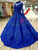 Side view of a dramatic royal blue ball gown wedding dress with a high neckline