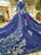 Royal Blue Tulle Sequins Long Sleeve Appliques Luxury Wedding Dress With Long Train