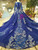 Royal Blue Tulle Sequins Long Sleeve Appliques Luxury Wedding Dress With Long Train