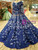 Royal Blue Long Sleeve Open Back Appliques Luxury Wedding Dress