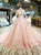 Pink Ball Gown Tulle Appliques High Neck Long Sleeve Luxury Wedding Dress