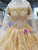Gold Ball Gown Tulle Appliques Off the Shoulder Short Sleeve Luxury Wedding Dress