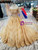 Gold Ball Gown Tulle Appliques Off the Shoulder Short Sleeve Luxury Wedding Dress