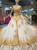 Ivory White Tulle Gold Appliques Off the Shoulder Luxury Wedding Dress With Train