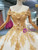 Ivory White Tulle Gold Appliques Off the Shoulder Luxury Wedding Dress With Train