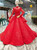 Red Ball Gown Tulle High Neck Long Sleeve Appliques Luxury Wedding Dress
