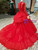 Red Ball Gown Tulle High Neck Long Sleeve Appliques Luxury Wedding Dress