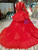 Red Ball Gown Tulle High Neck Long Sleeve Appliques Luxury Wedding Dress