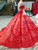 Red Ball Gown Tulle Spaghetti Straps Puff  Long Sleeve 3D Flower Luxury Wedding Dress