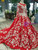 Red Ball Gown Tulle White Appliques Long Sleeve Luxury Wedding Dress