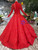 Red Ball Gown Lace Appliques Sequins High Neck Long Sleeve Luxury Wedding Dress