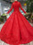 Red Ball Gown Lace Appliques Sequins High Neck Long Sleeve Luxury Wedding Dress