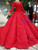 Red Ball Gown Tulle Lace Appliques Long Sleeve Luxury Wedding Dress With Train