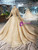 Champagne Ball Gown Tulle Lace High Neck Long Sleeve Luxury Wedding Dress