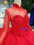 Red Ball Gown Tulle High Neck Long Sleeve Luxury Wedding Dress With Long Train