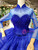 Royal Blue Ball Gown Tulle High Neck Long Sleeve Luxury Wedding Dress With Long Train